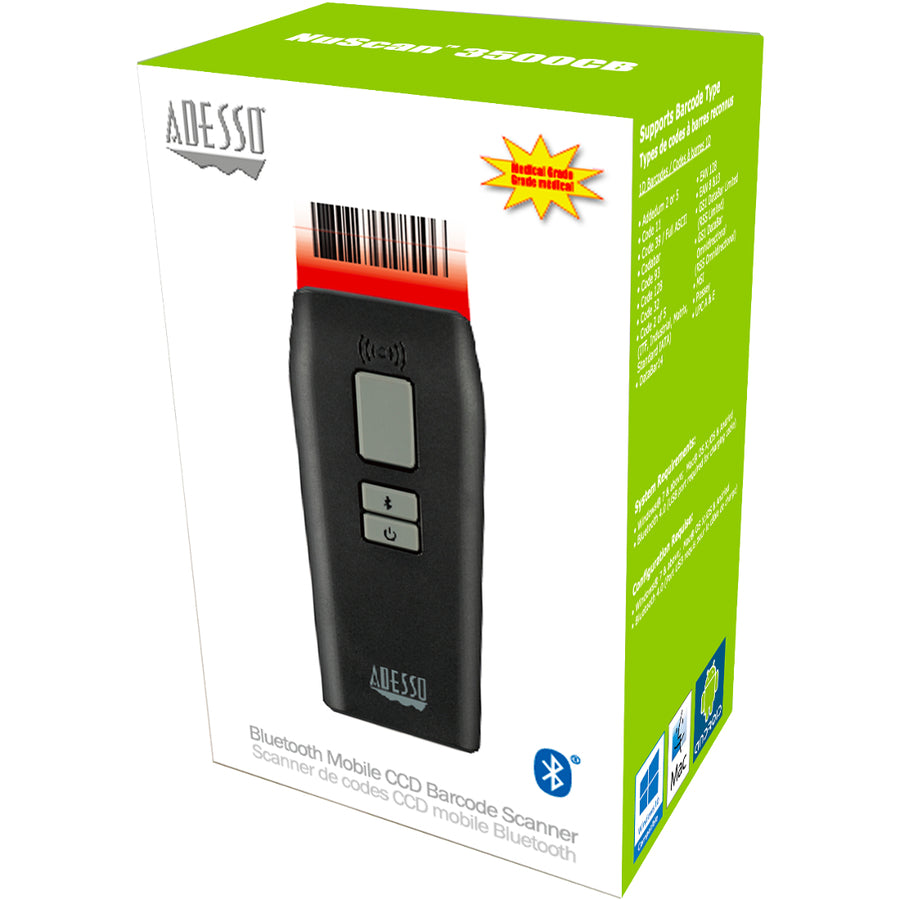 Adesso NuScan 3500CB Bluetooth Mobile Waterproof Antimicrobial CCD Barcode Scanner SpadezStore