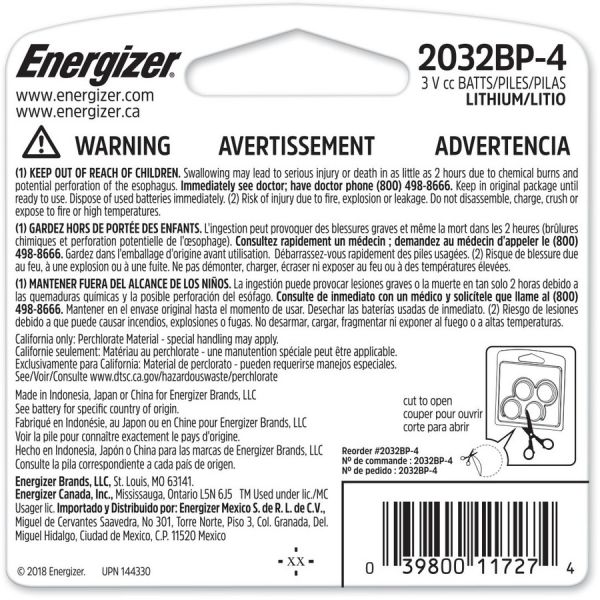 Energizer 2032 Lithium Coin Battery, 3V, 4/Pack SpadezStore